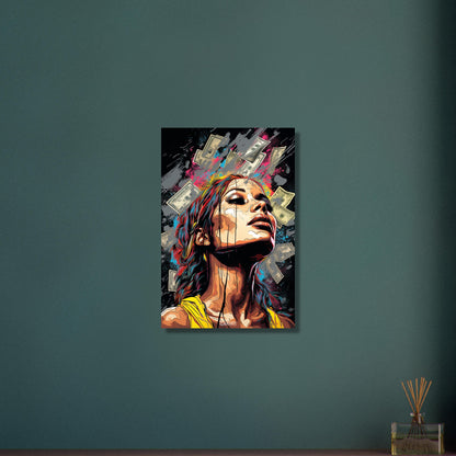 Topmodel im Geldregen im Pop Art Stil auf Aluminium