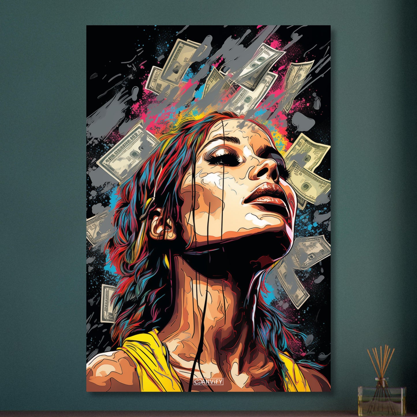 Topmodel im Geldregen im Pop Art Stil auf Aluminium