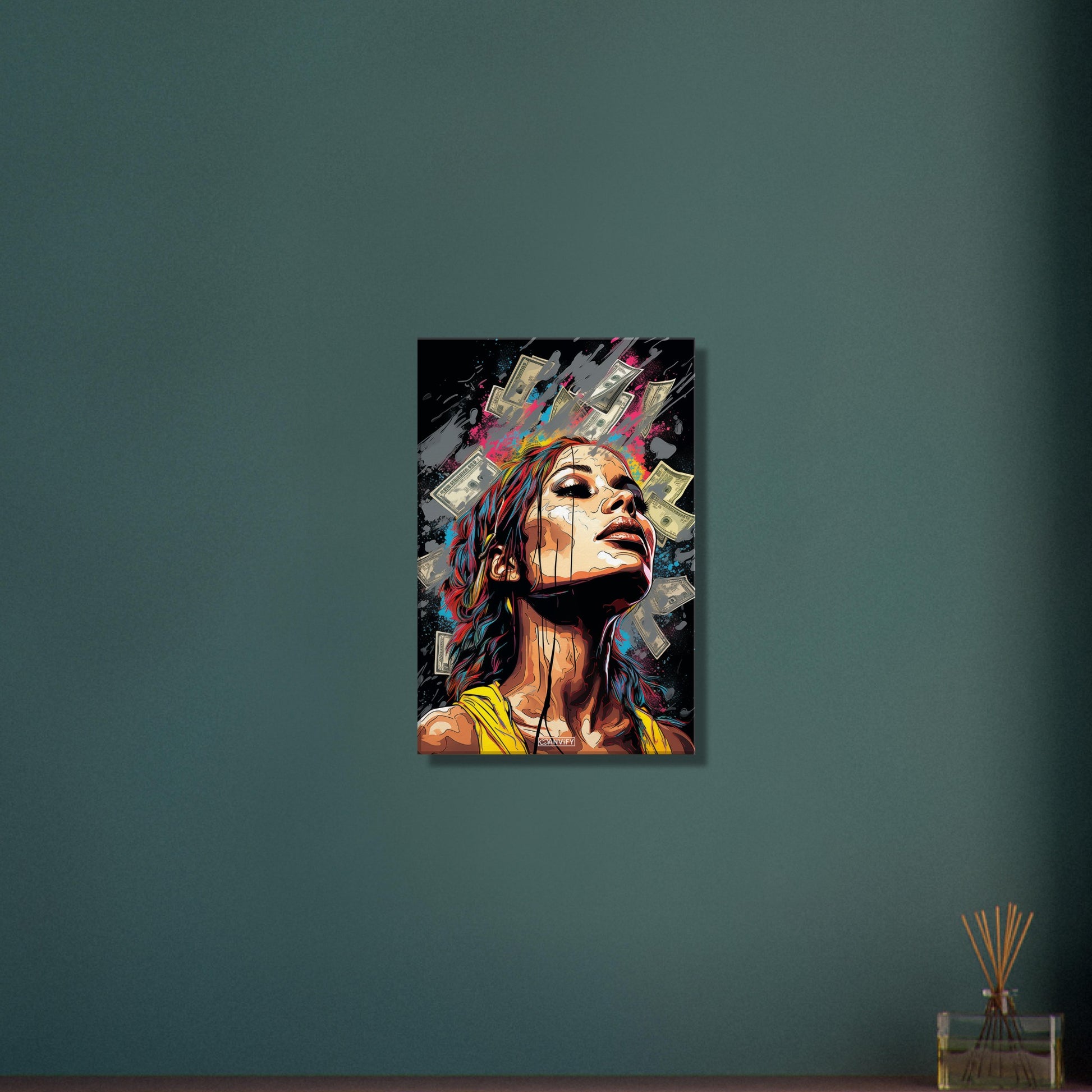 Topmodel im Geldregen im Pop Art Stil auf einer Leinwand