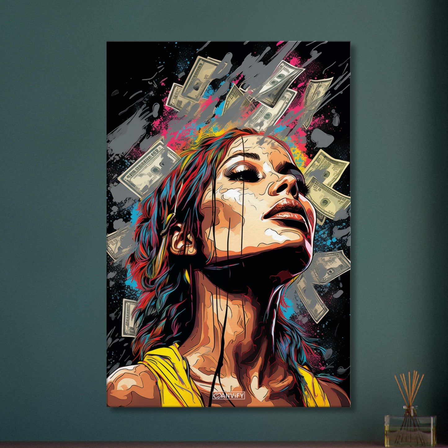Topmodel im Geldregen im Pop Art Stil auf einer Leinwand