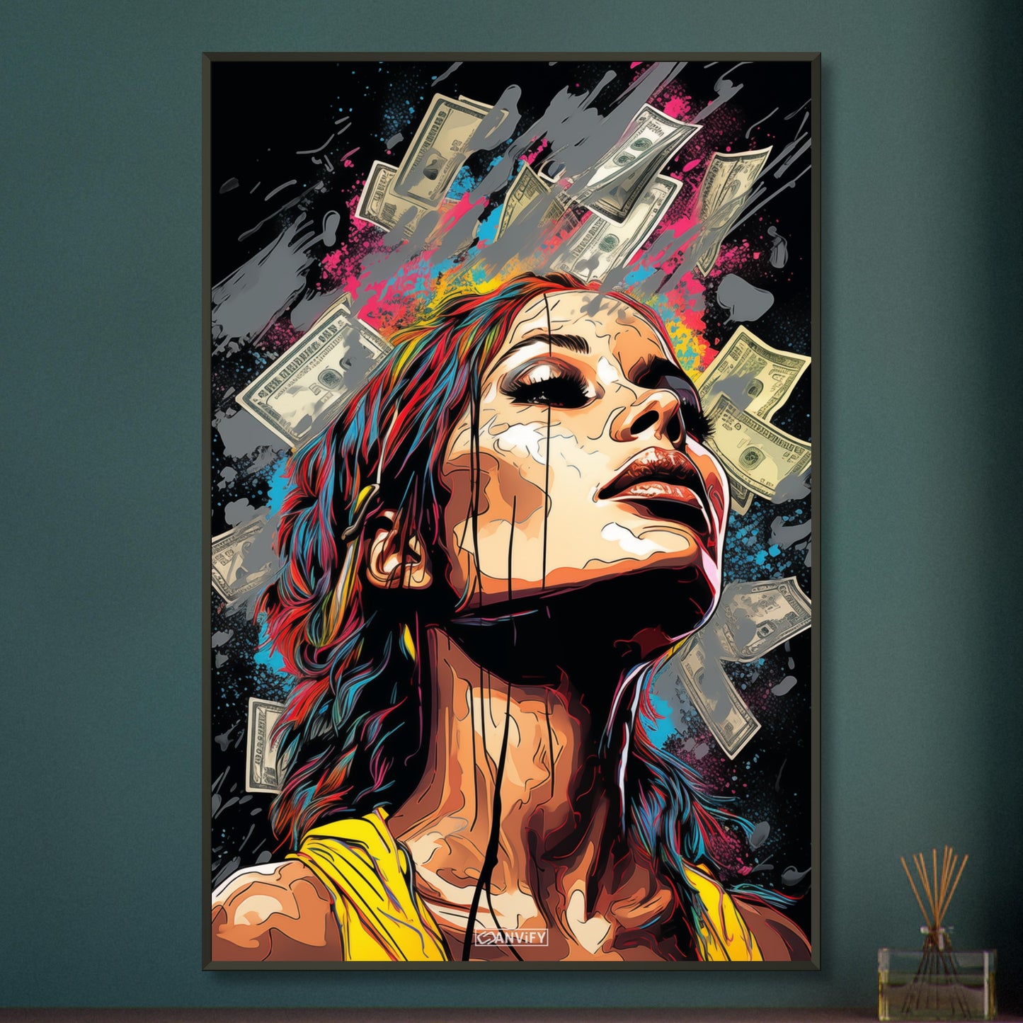 Topmodel im Geldregen im Pop Art Stil auf einem Poster im Metallrahmen