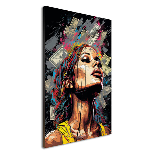 Topmodel im Geldregen im Pop Art Stil auf einer Leinwand