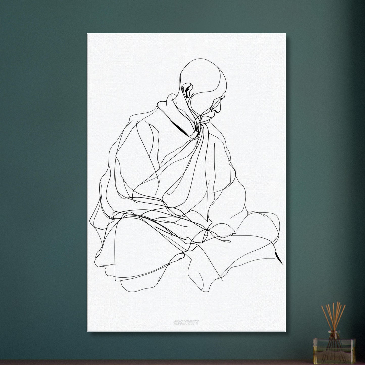 Minimalistischer Mönch mit einer Linie gezeichnet auf einer Leinwand