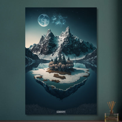 Vollmond mit schneebedeckten Bergen und einer Insel im See auf Aluminium