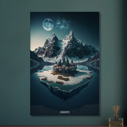 Vollmond mit schneebedeckten Bergen und einer Insel im See auf einer Leinwand