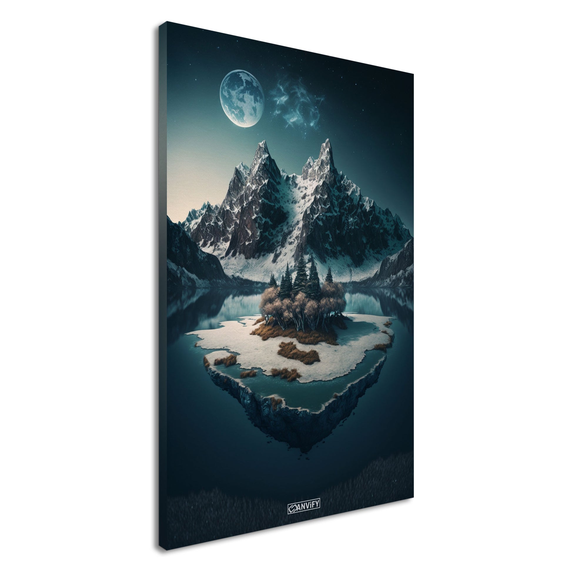 Vollmond mit schneebedeckten Bergen und einer Insel im See auf einer Leinwand