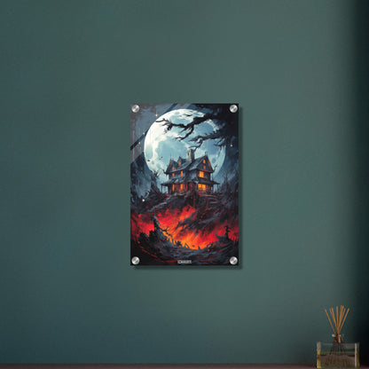 Großer Vollmond mit einer gruseligen Hexenhütte am Hügel bei Nacht auf einem Acrylbild