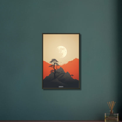 Pulag Berg mit einem Mond minimalistisch dargestellt auf einem Poster im Metallrahmen