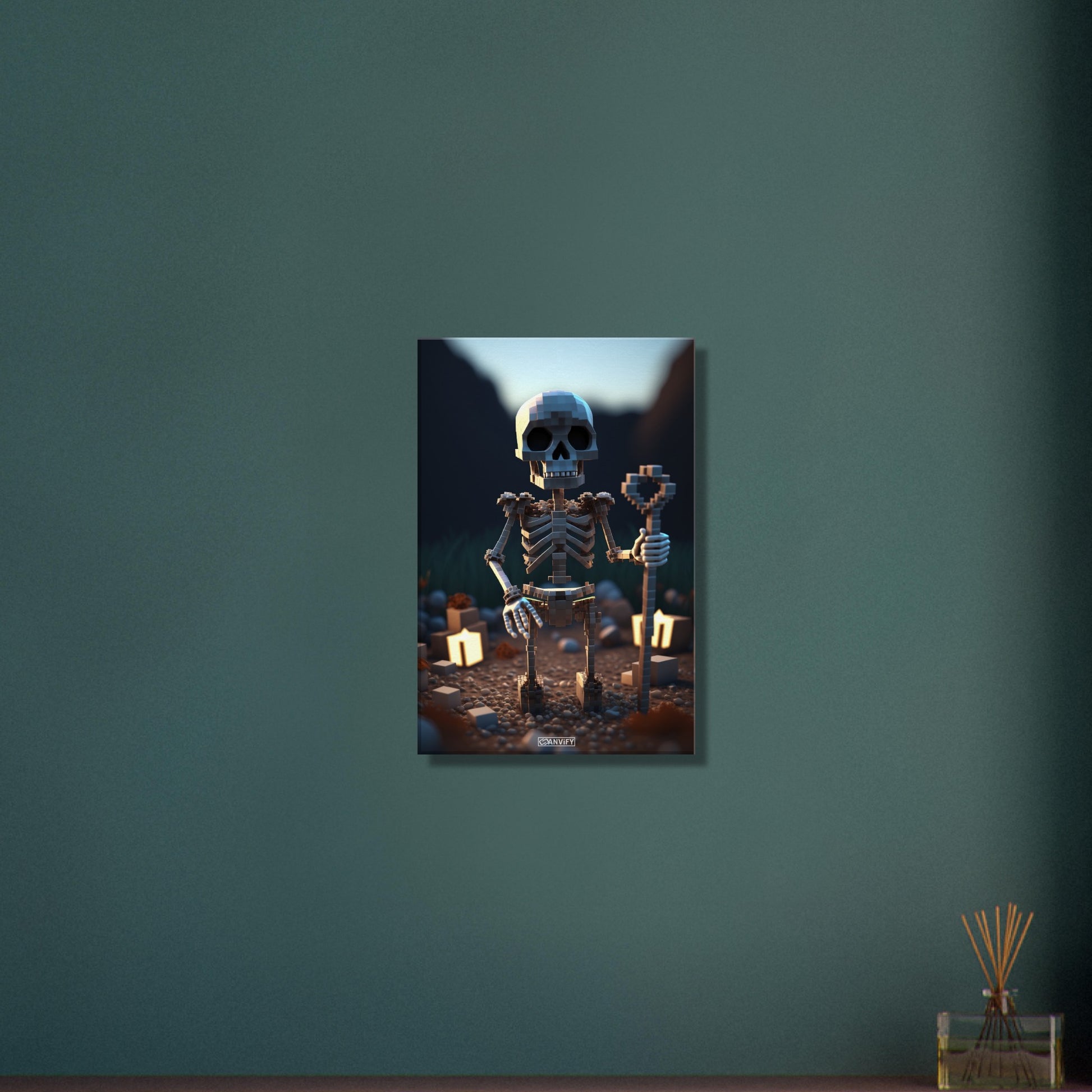 Skelett-Magier aus Minecraft in Voxel-basierter Grafik auf einer Leinwand