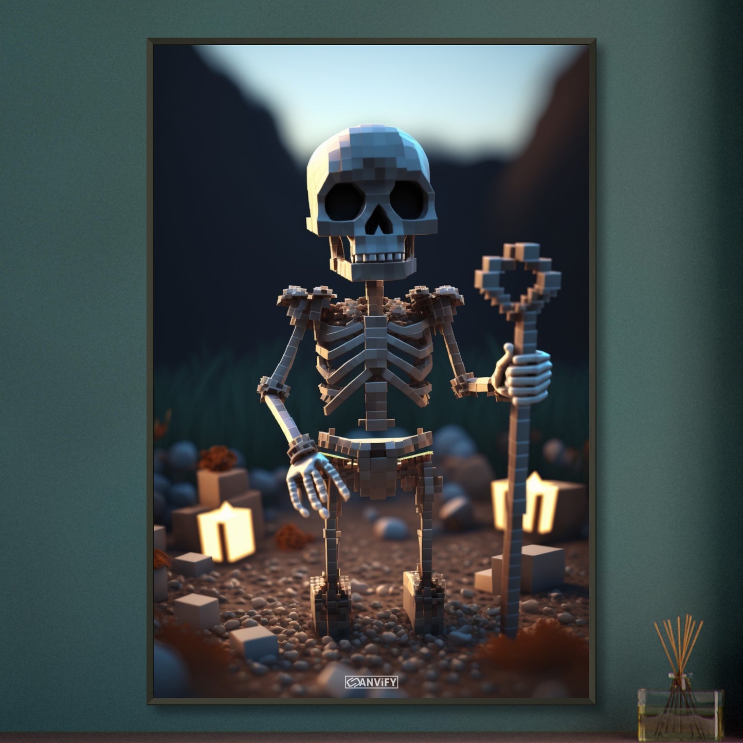 Skelett-Magier aus Minecraft in Voxel-basierter Grafik auf einem Poster im Metallrahmen