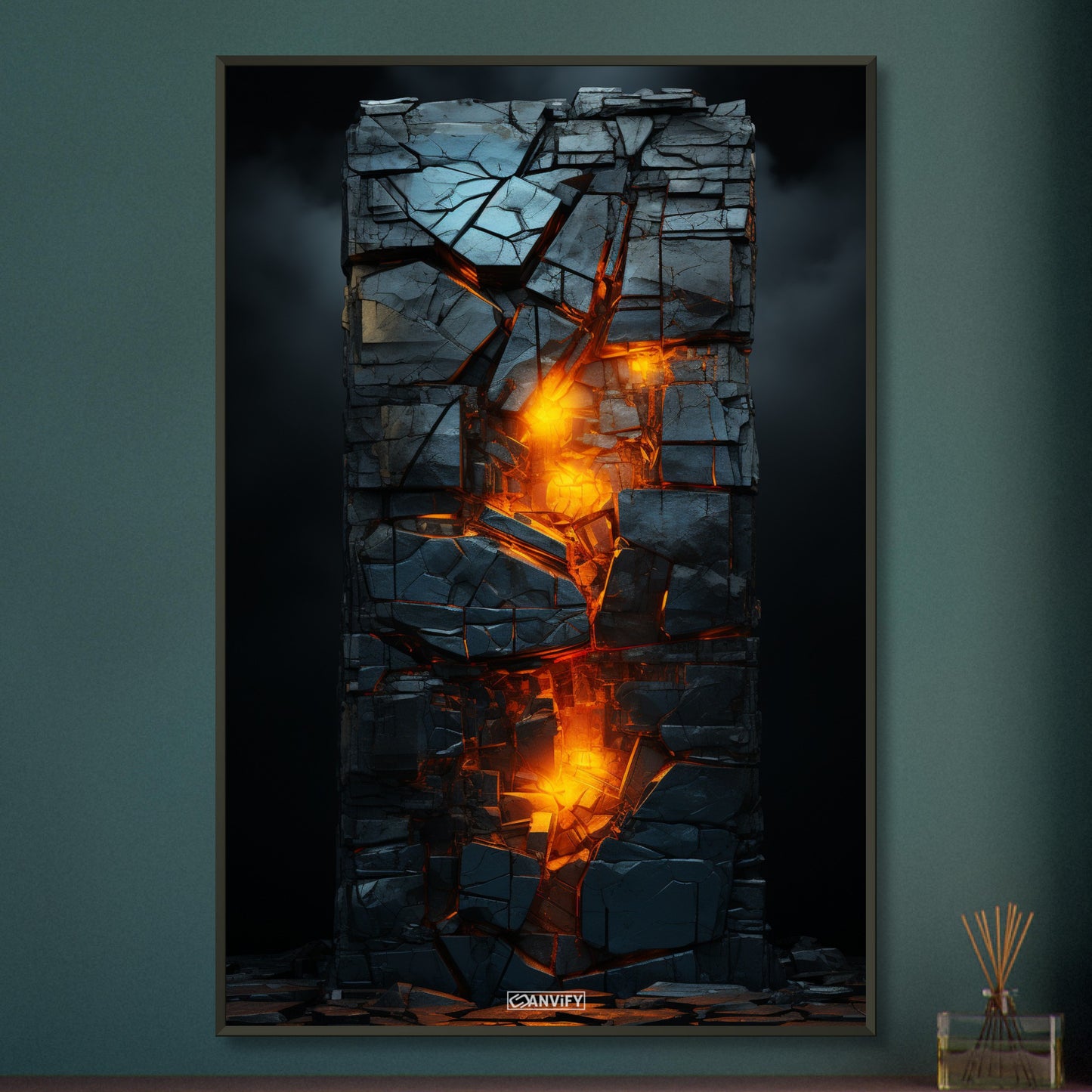 Glühend dunkel abstrakte Steinwand auf einem Poster im Metallrahmen