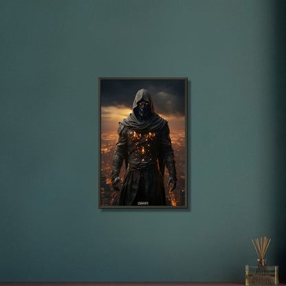 Mysteriöser Assassine aus Mortal Kombat über einer Stadt auf einem Poster im Metallrahmen