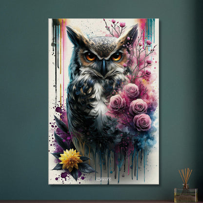 Mystische Eule mit Rosen gemalt mit Wasserfarben auf einer Leinwand