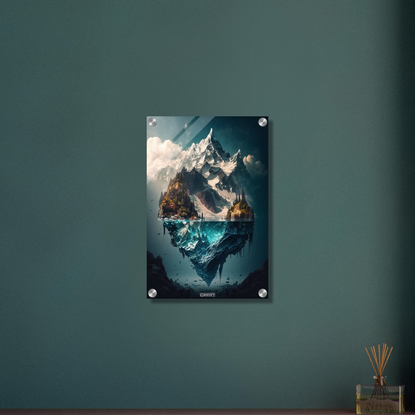 Mystisches Himalaya Dorf am Fuße des Himalayas an einem See auf einem Acrylbild