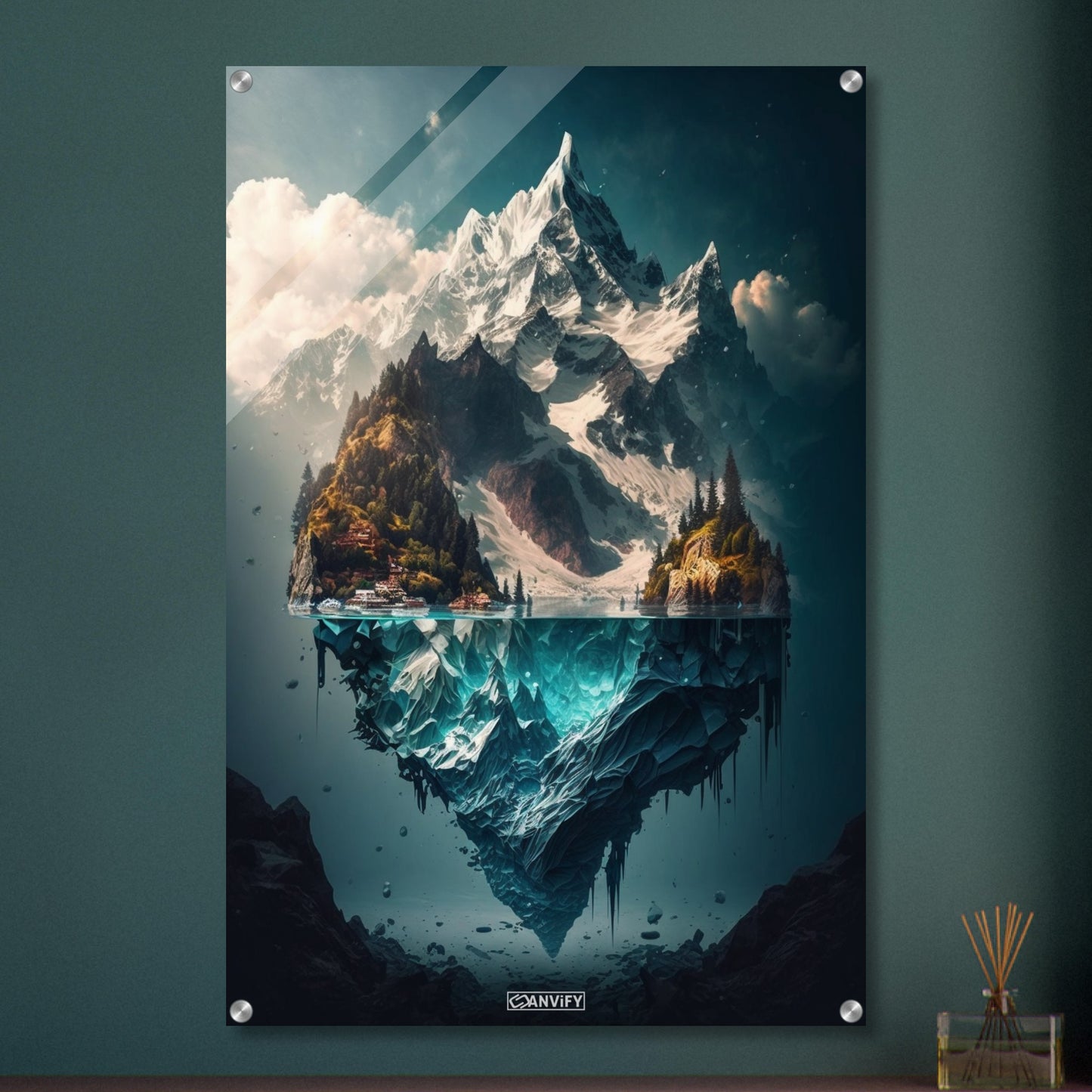 Mystisches Himalaya Dorf am Fuße des Himalayas an einem See auf einem Acrylbild