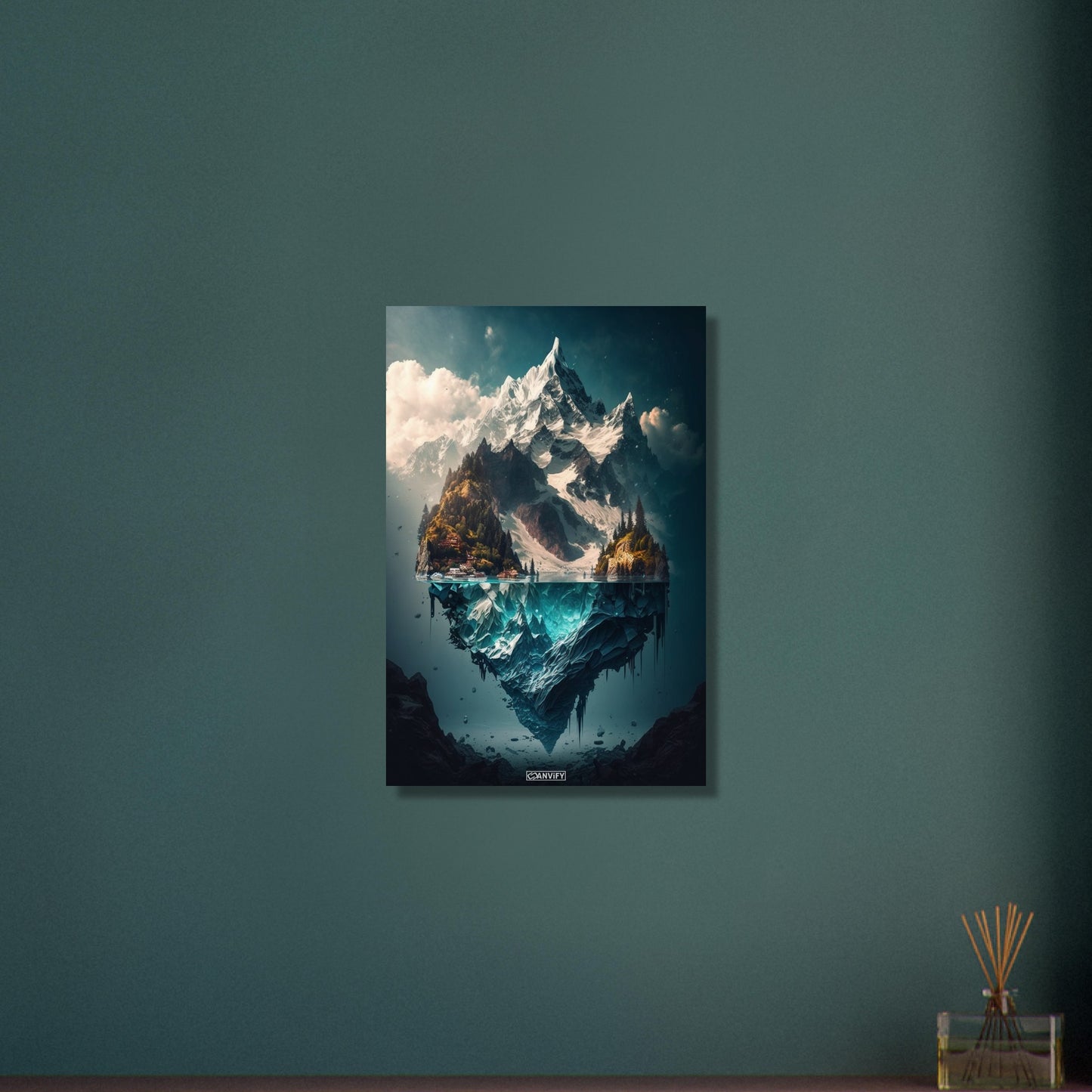 Mystisches Himalaya Dorf am Fuße des Himalayas an einem See auf Aluminium