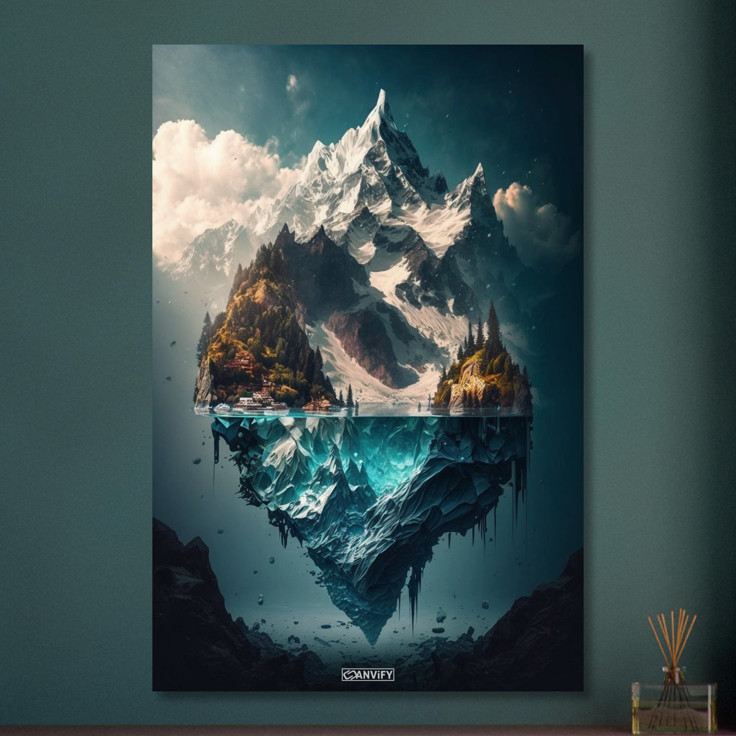 Mystisches Himalaya Dorf am Fuße des Himalayas an einem See auf Aluminium