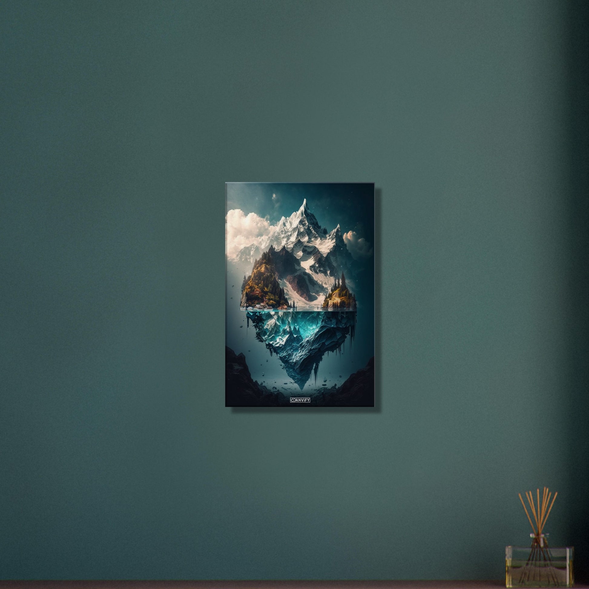 Mystisches Himalaya Dorf am Fuße des Himalayas an einem See auf einer Leinwand