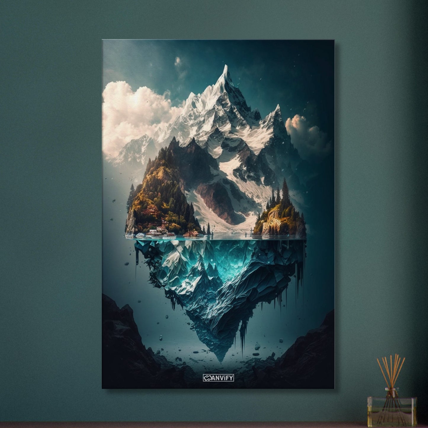 Mystisches Himalaya Dorf am Fuße des Himalayas an einem See auf einer Leinwand