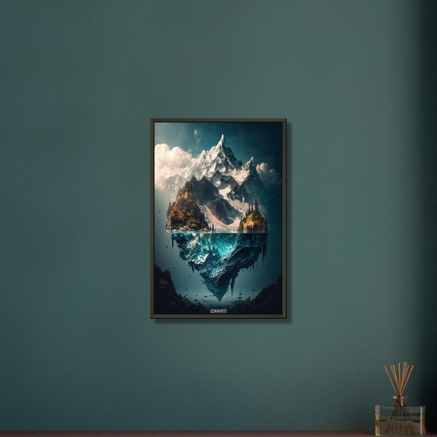Mystisches Himalaya Dorf am Fuße des Himalayas an einem See auf einem Poster im Metallrahmen