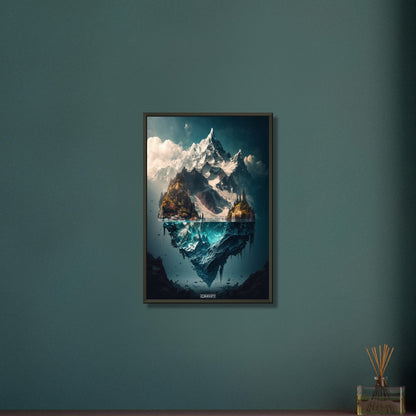 Mystisches Himalaya Dorf am Fuße des Himalayas an einem See auf einem Poster im Metallrahmen