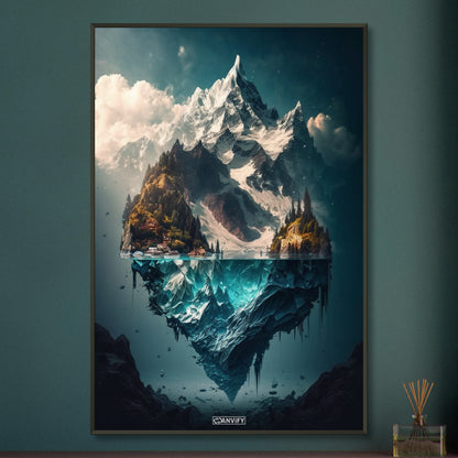 Mystisches Himalaya Dorf am Fuße des Himalayas an einem See auf einem Poster im Metallrahmen
