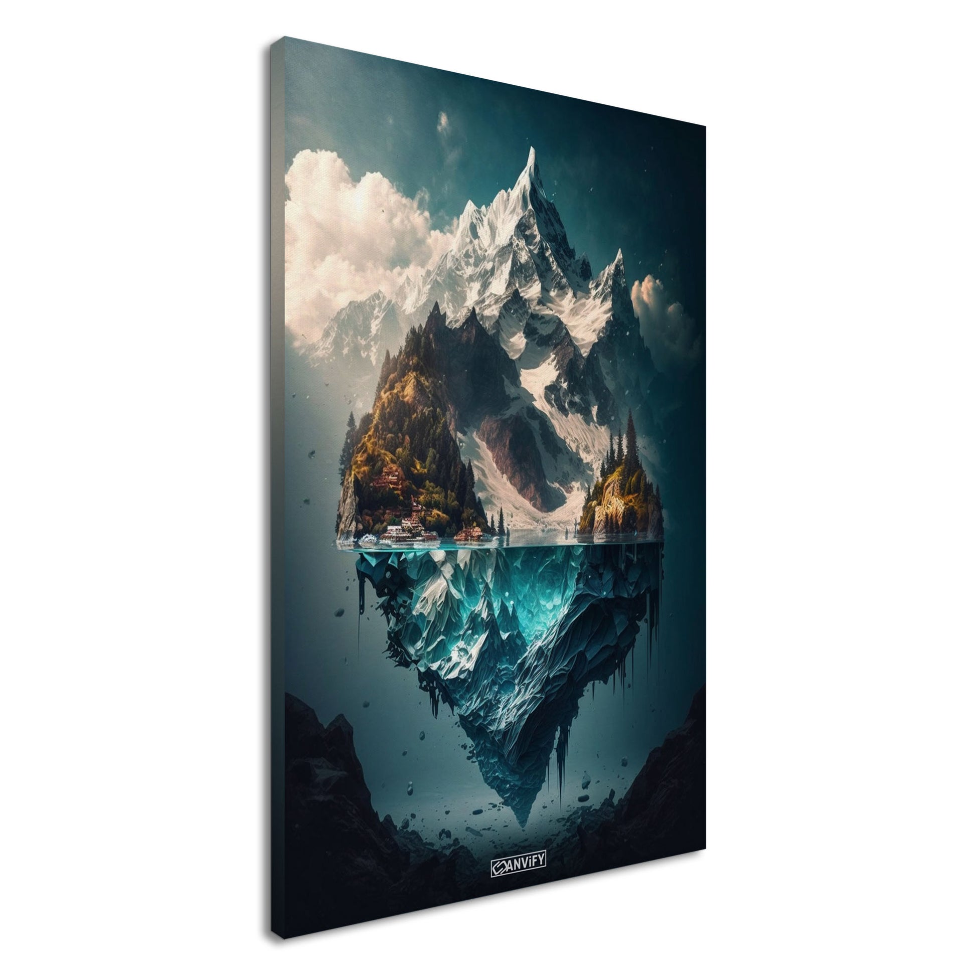 Mystisches Himalaya Dorf am Fuße des Himalayas an einem See auf einer Leinwand