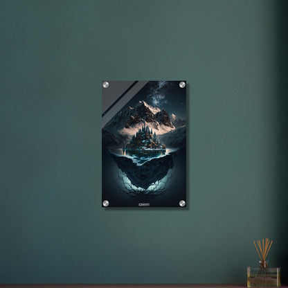 Schwebende Insel mit See, Schnee und dem Himalaya bei Nacht auf einem Acrylbild