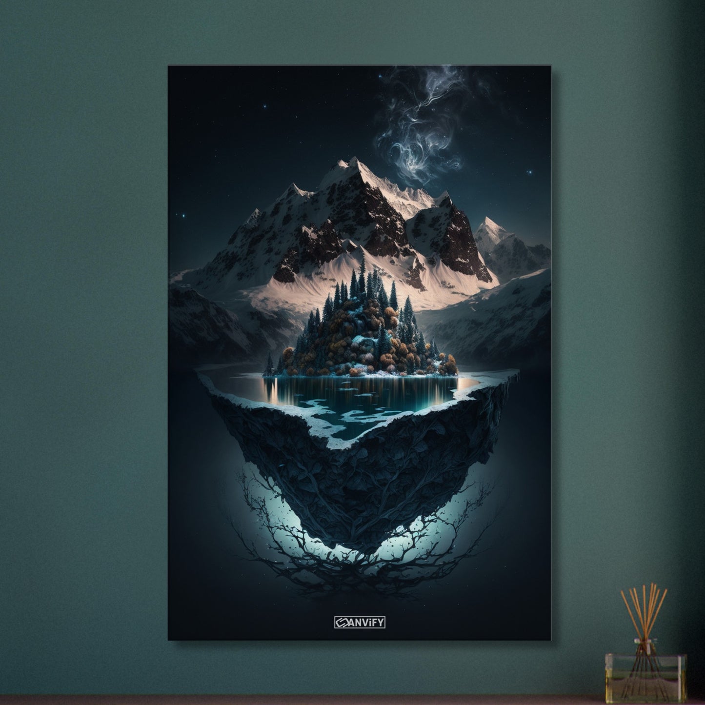 Schwebende Insel mit See, Schnee und dem Himalaya bei Nacht auf einer Leinwand