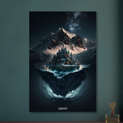 Schwebende Insel mit See, Schnee und dem Himalaya bei Nacht auf einer Leinwand