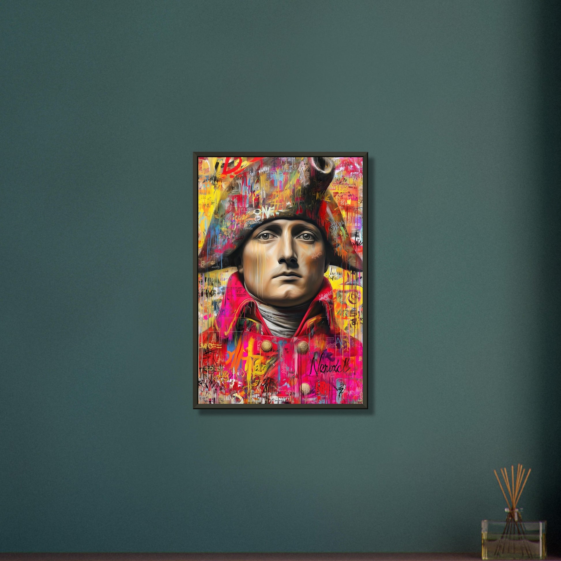 Napoleon im Pop Art Stil auf einem Poster im Metallrahmen