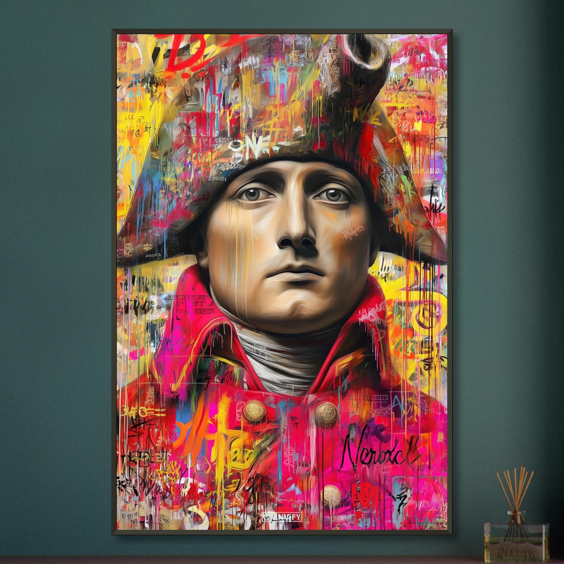Napoleon im Pop Art Stil auf einem Poster im Metallrahmen