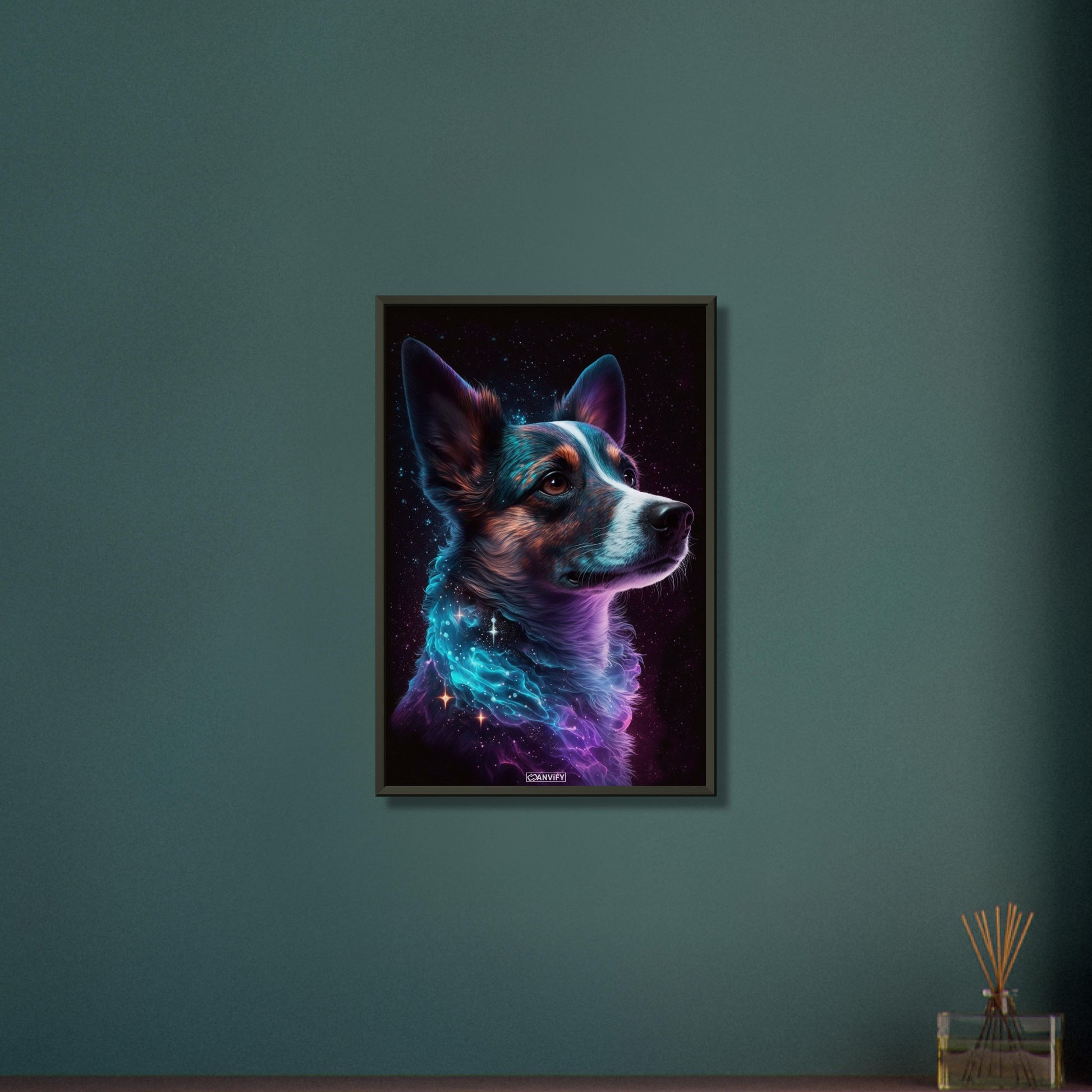 Border Collie Portrait kombiniert mit der Nebelwolke namens Nebula auf einem Poster im Metallrahmen