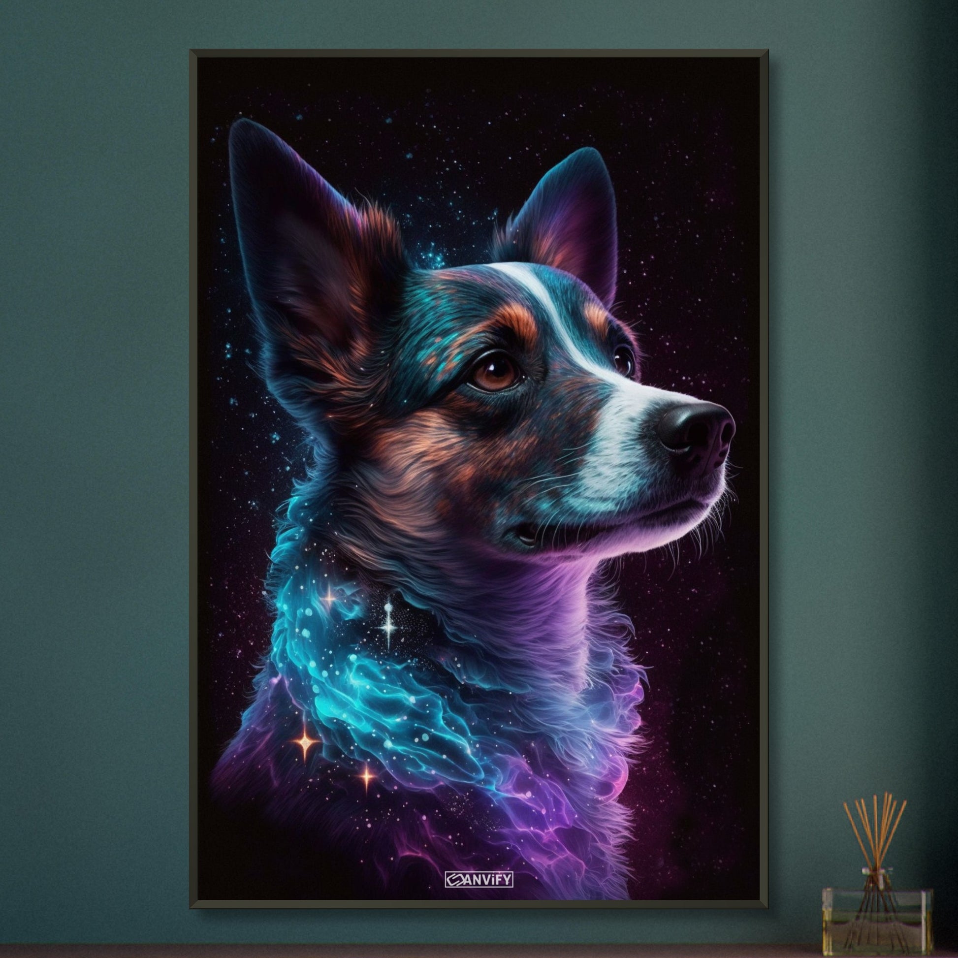Border Collie Portrait kombiniert mit der Nebelwolke namens Nebula auf einem Poster im Metallrahmen