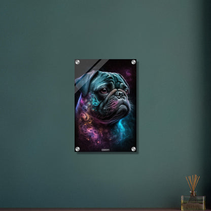 Schwarzer Mops Portrait kombiniert mit der Nebelwolke namens Nebula auf einem Acrylbild