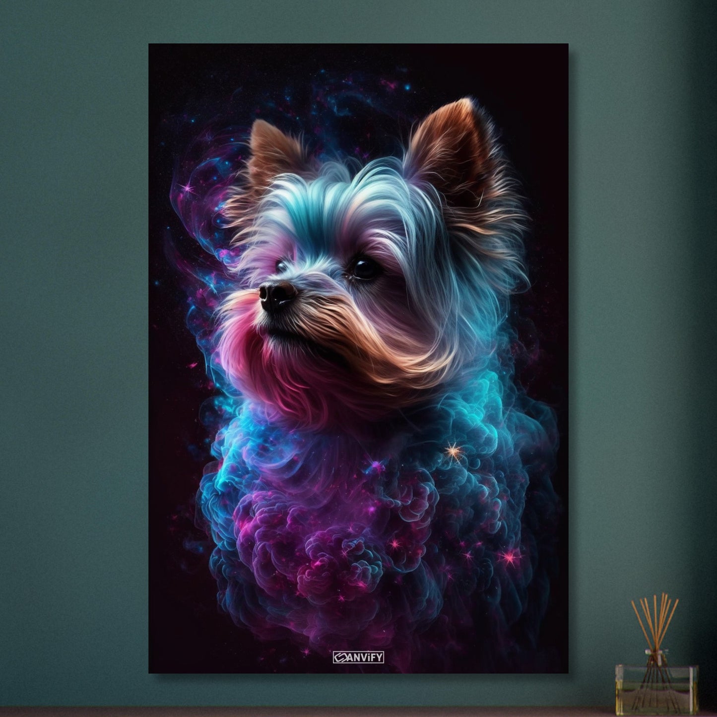 Yorkshire Terrier Portrait kombiniert mit der Nebelwolke namens Nebula auf Aluminium
