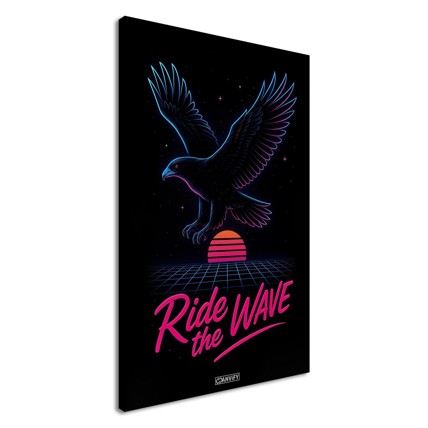 Neon Adler im Synthwave-Retro-Stil mit dem Spruch 'Ride the Wave' auf einer Leinwand