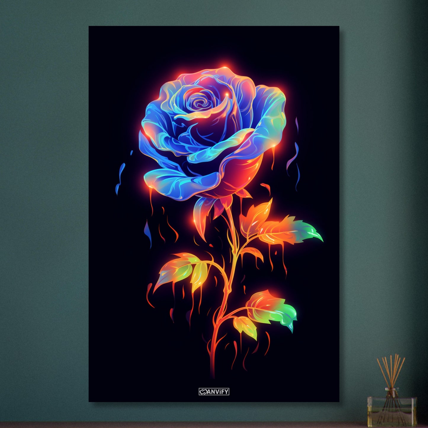 Blaue Neon Rose gemalt auf Aluminium