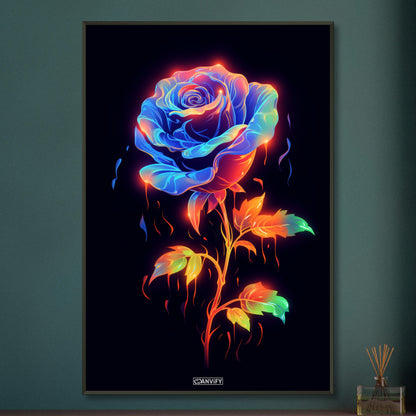 Blaue Neon Rose gemalt auf einem Poster im Metallrahmen