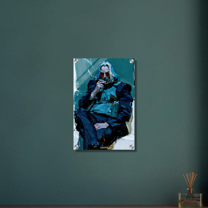Keanu Reeves gemalt im Pulp-Fiction-Stil als Revolverheld auf einem Acrylbild