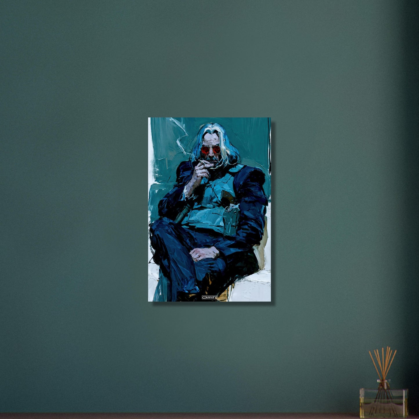 Keanu Reeves gemalt im Pulp-Fiction-Stil als Revolverheld auf Aluminium