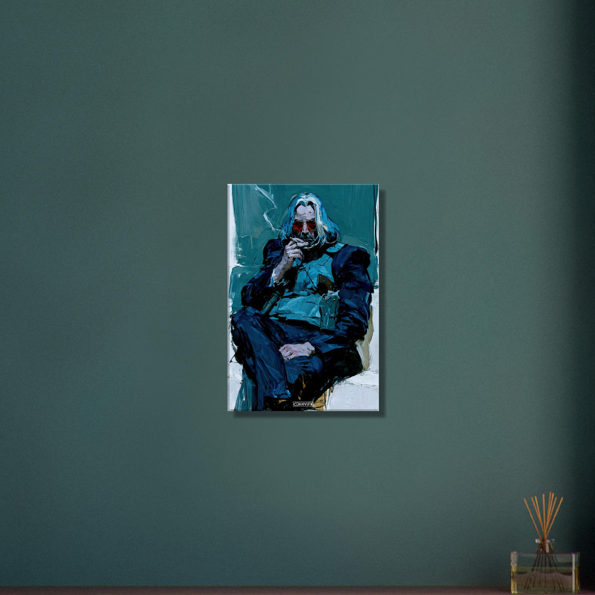 Keanu Reeves gemalt im Pulp-Fiction-Stil als Revolverheld auf einer Leinwand