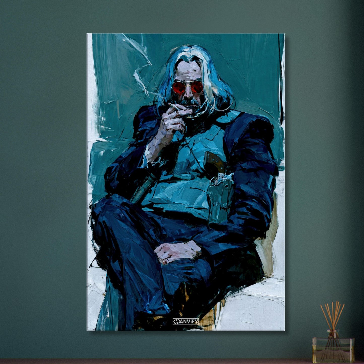 Keanu Reeves gemalt im Pulp-Fiction-Stil als Revolverheld auf einer Leinwand