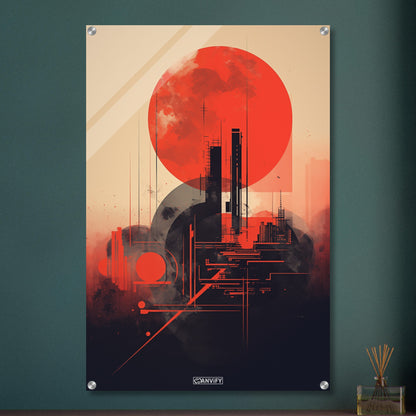 Abstrakter roter Mond minimalistisch dargestellt auf einem Acrylbild