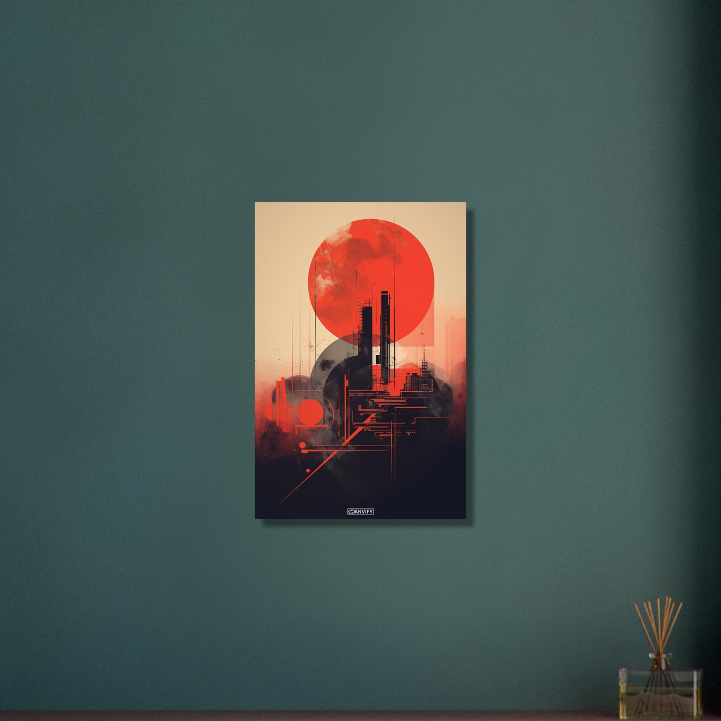 Abstrakter roter Mond minimalistisch dargestellt auf Aluminium