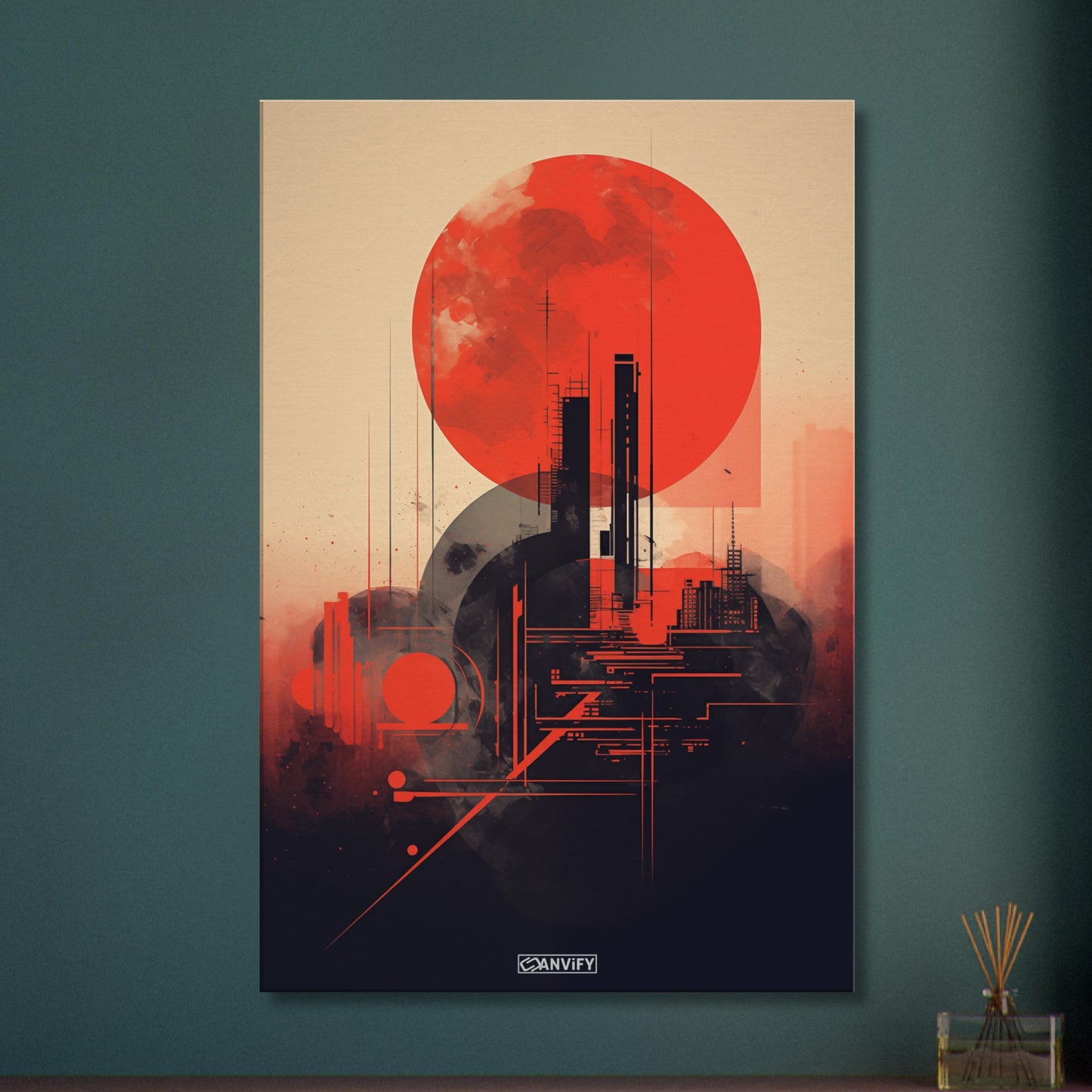 Abstrakter roter Mond minimalistisch dargestellt auf einer Leinwand