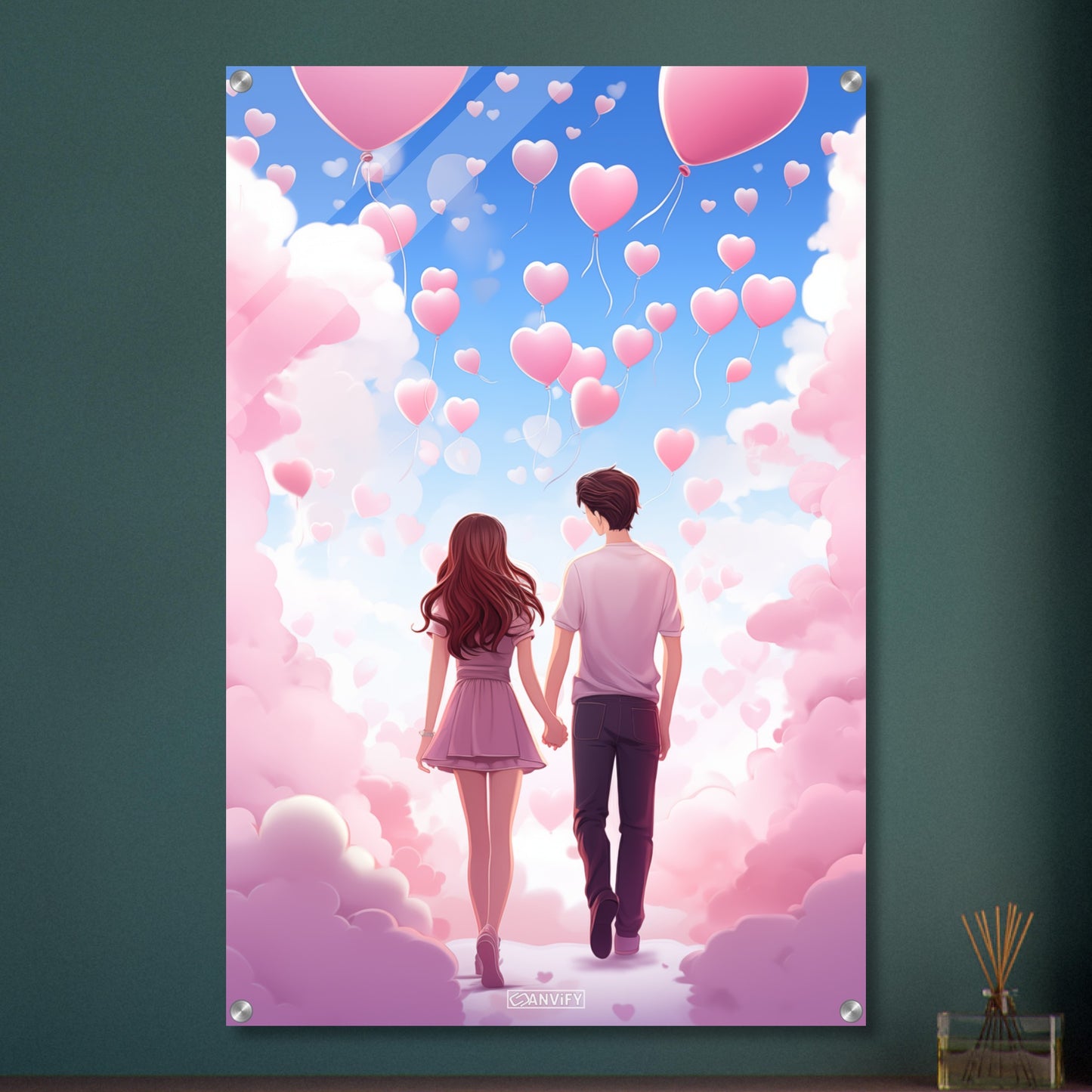 Mann und Frau gehen Hand in Hand auf einer Wolke in Rosa mit Herzluftballons auf einem Acrylbild