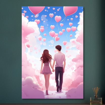 Mann und Frau gehen Hand in Hand auf einer Wolke in Rosa mit Herzluftballons auf Aluminium