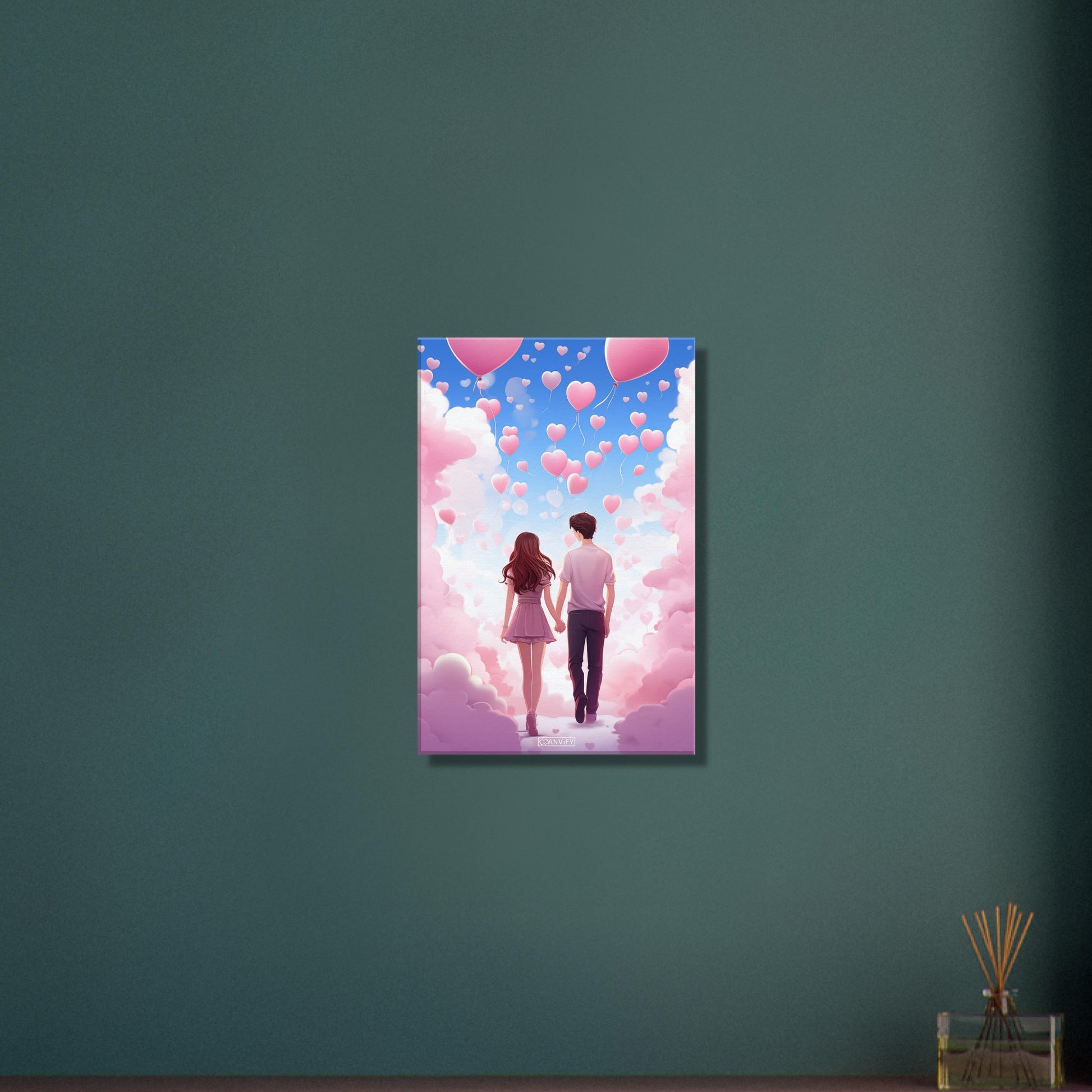 Mann und Frau gehen Hand in Hand auf einer Wolke in Rosa mit Herzluftballons auf einer Leinwand