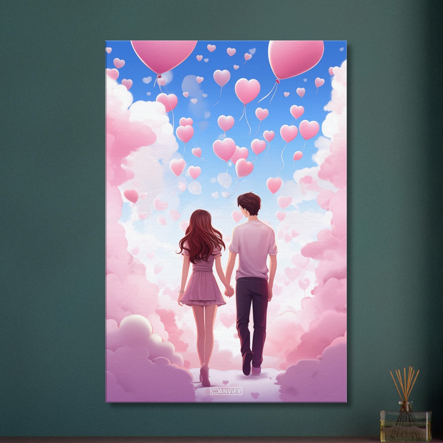 Mann und Frau gehen Hand in Hand auf einer Wolke in Rosa mit Herzluftballons auf einer Leinwand